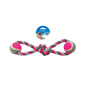 Knoop Katoen 8- Trekring Met 2 Tennisballen 38cm grijs/roze