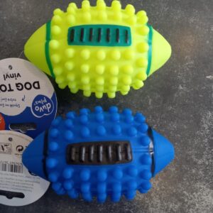 VINYL RUGBY BAL SPIKY 12,5x7,5x7,5cm blauw/geel